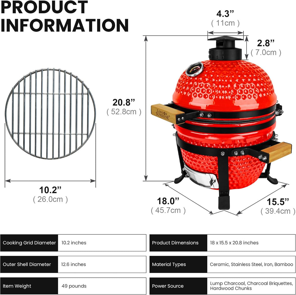 Upgraded 13 inch Ceramic Kamado Grill with Waterproof Air Vent Cap | Portable Tabletop Charcoal BBQ Grill Smoker for Outdoor Cooking, Patio, Camping | Red