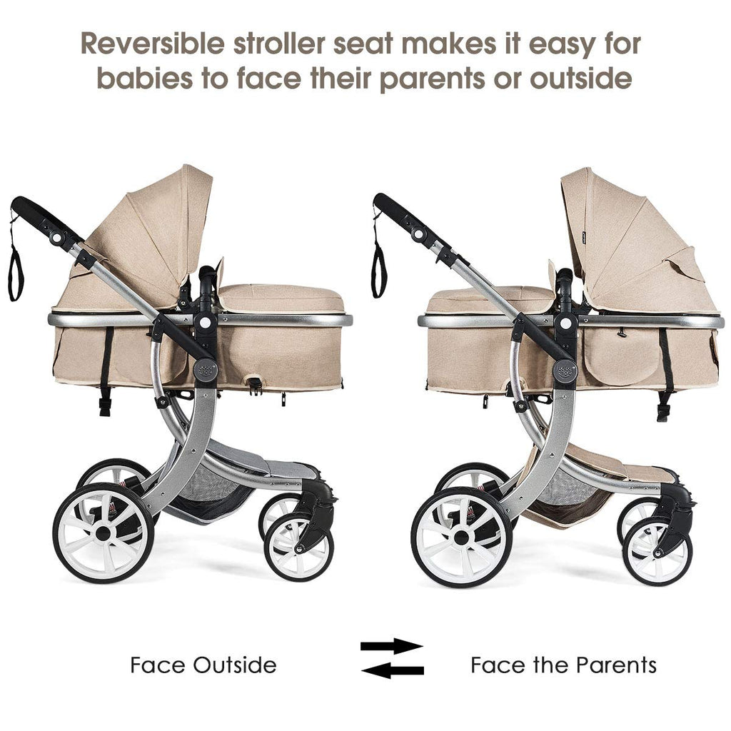 HONEY JOY Baby Stroller, High Landscape Convertible Infant Bassinet, Adjustable Canopy & Backrest, Storage Basket, Foot Cover, Foldable Newborn Carriage Pram (Beige)