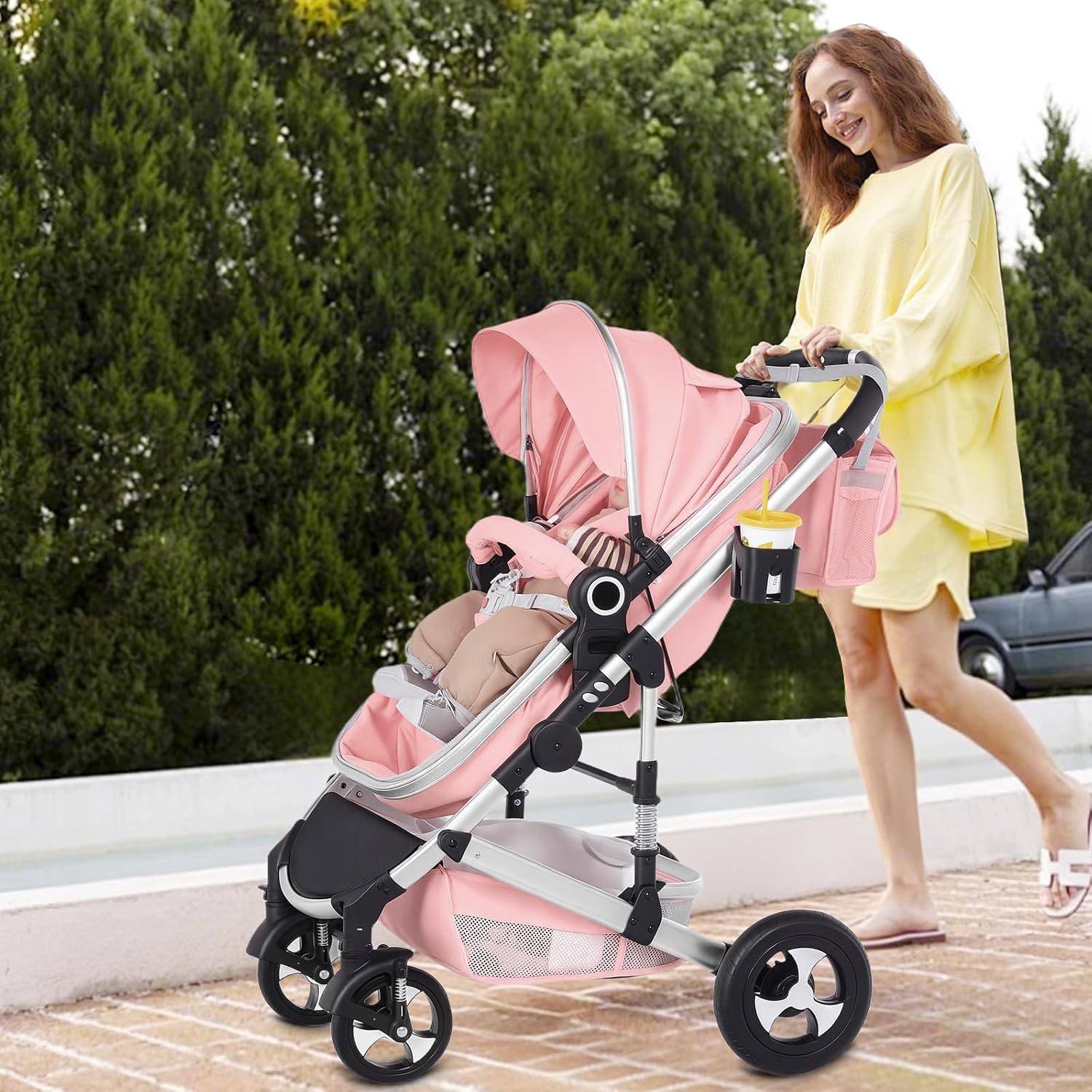 TODEFULL Convertible Baby Stroller, 3 in 1 Folding Infant Stroller, High Landscape Pushchair w/Adjustable Backrest & Canopy, Newborn Pram with Foot Cover, Storage Basket, Pink