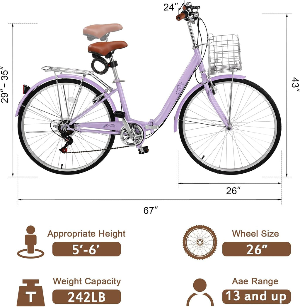 CamPingSurvivals Foldable Cruiser Bike 7-Speed Cruiser Bike 26Inch Women Bicycle with Ergonomic Upright Frame, Effortless 7-Speed Shifting and Lightweight Design for Adult Men and Women