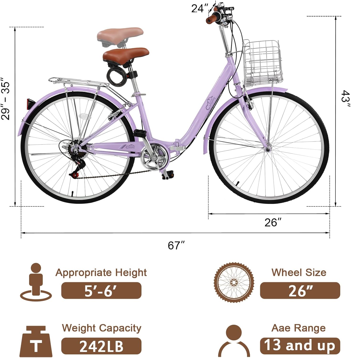 CamPingSurvivals Foldable Cruiser Bike 7-Speed Cruiser Bike 26Inch Women Bicycle with Ergonomic Upright Frame, Effortless 7-Speed Shifting and Lightweight Design for Adult Men and Women