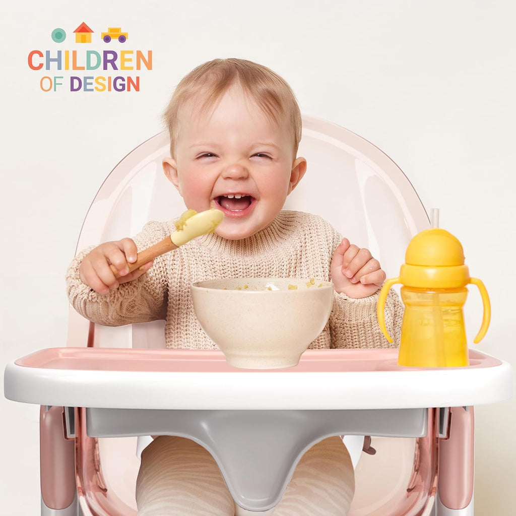 6 in 1 Deluxe Wooden High Chair for Babies & Toddlers, Modern Safe & Compact Baby Highchair, Easy to Clean & Assemble, Removable Tray, 6 Options 3 Seat Positions 2 Heights (Pink)