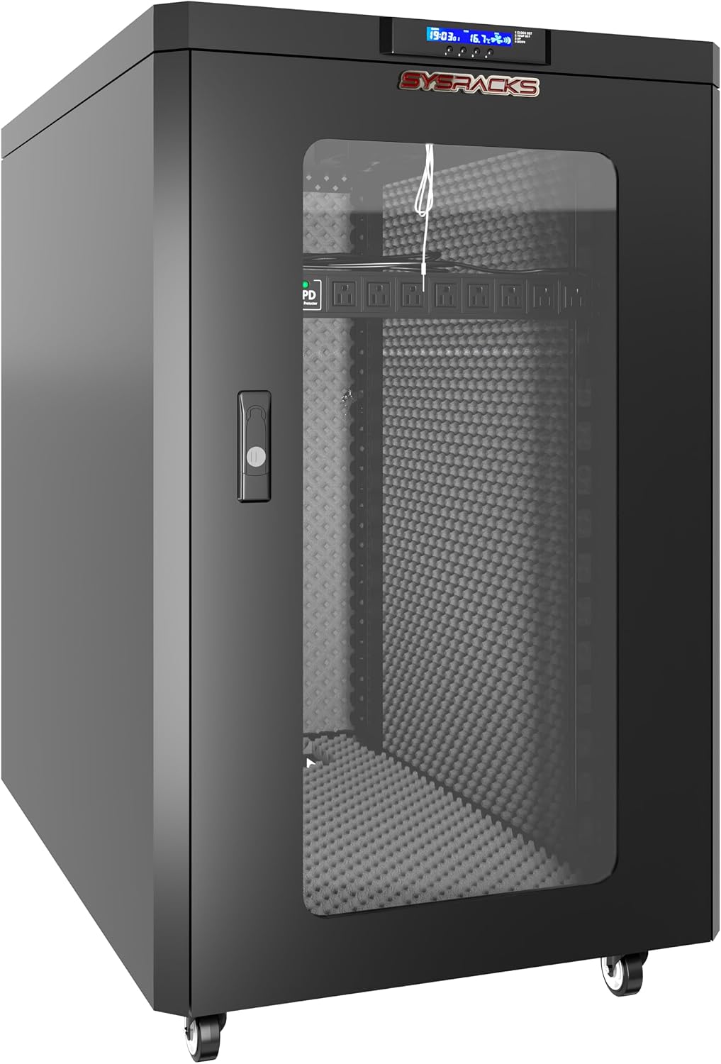 Soundproof Server Rack Cabinet – Quiet Acoustic 19' Network Enclosure with Dual Fans, Thermostat Control, Locking Glass Door, Floor Standing Rack (18U)