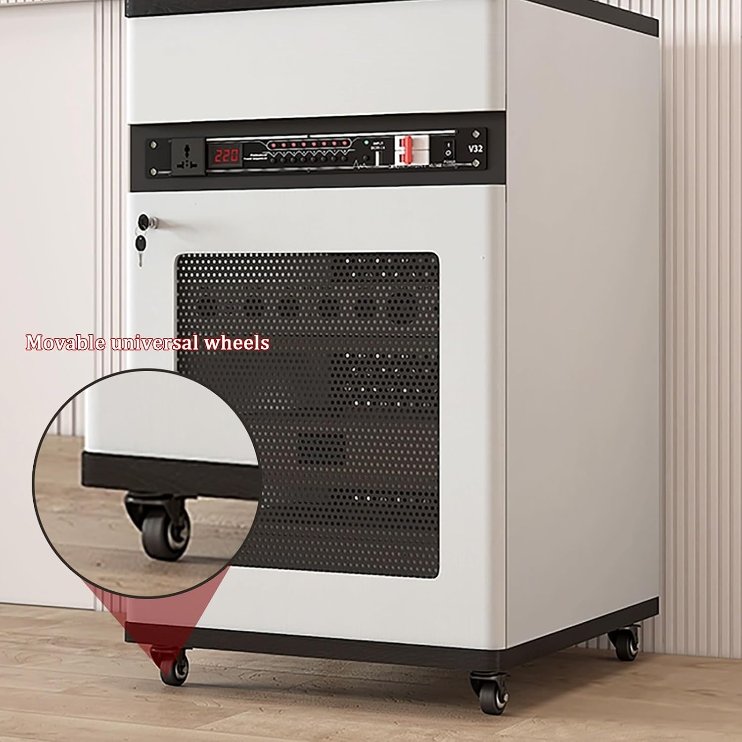 Lockable Media Storage Cabinet with Rolling Design, Adjustable AV Rack on Wheels, Cable Management, Black Stereo Console, 52x55x126cm - Ideal for Home Theater & Entertainment Systems