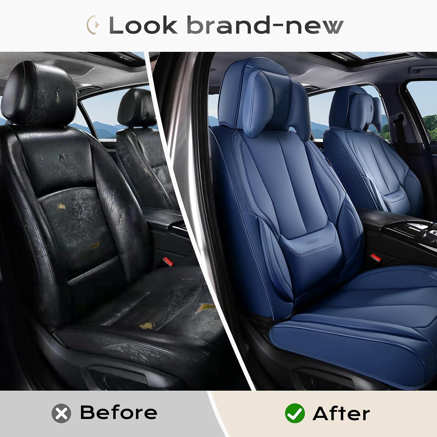 Coverado Seat Covers, Car Seat Covers Front Seats, Car Seat Cover, Car Seat Protector Waterproof, Seat Cushion Nappa Leather with Head Pillow, Carseat Cover Universal Fit for Most Cars (Blue)