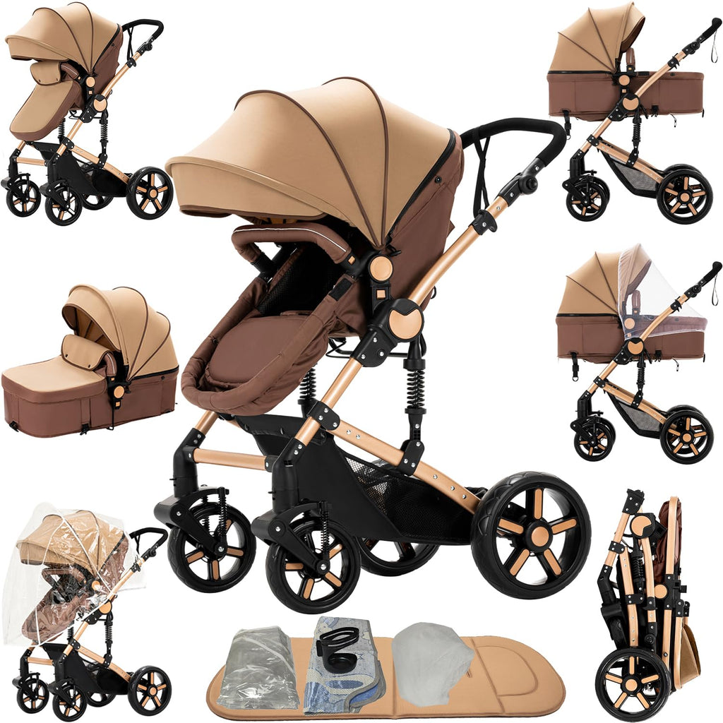 2 in 1 Baby Stroller, Convertible Foldable Standard Stroller, Reversible Pushchair Infant Buggy Carriage, Portable High Landscape Pram for Toddler Newborn, Aluminum Alloy (2US588-KHAKI)