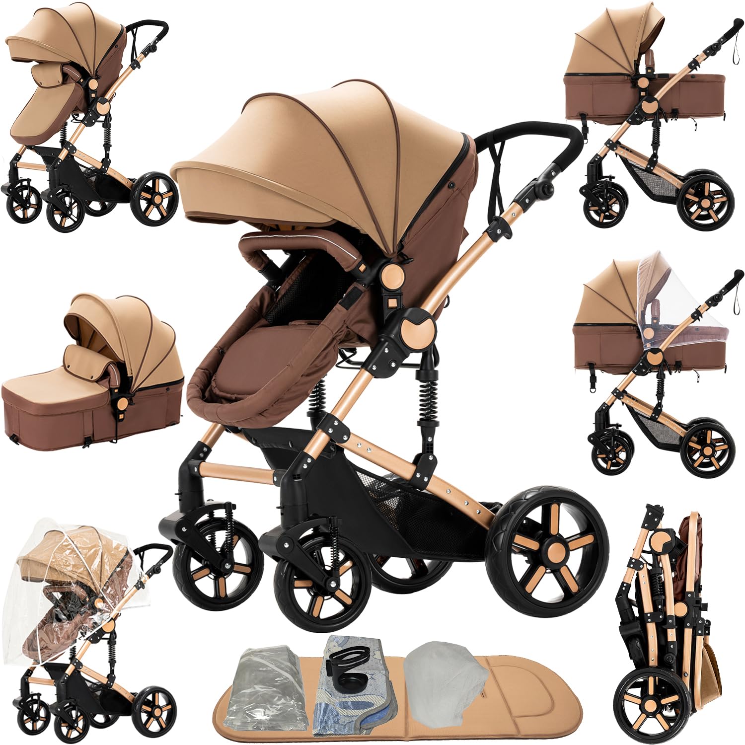 2 in 1 Baby Stroller, Convertible Foldable Standard Stroller, Reversible Pushchair Infant Buggy Carriage, Portable High Landscape Pram for Toddler Newborn, Aluminum Alloy (2US588-KHAKI)