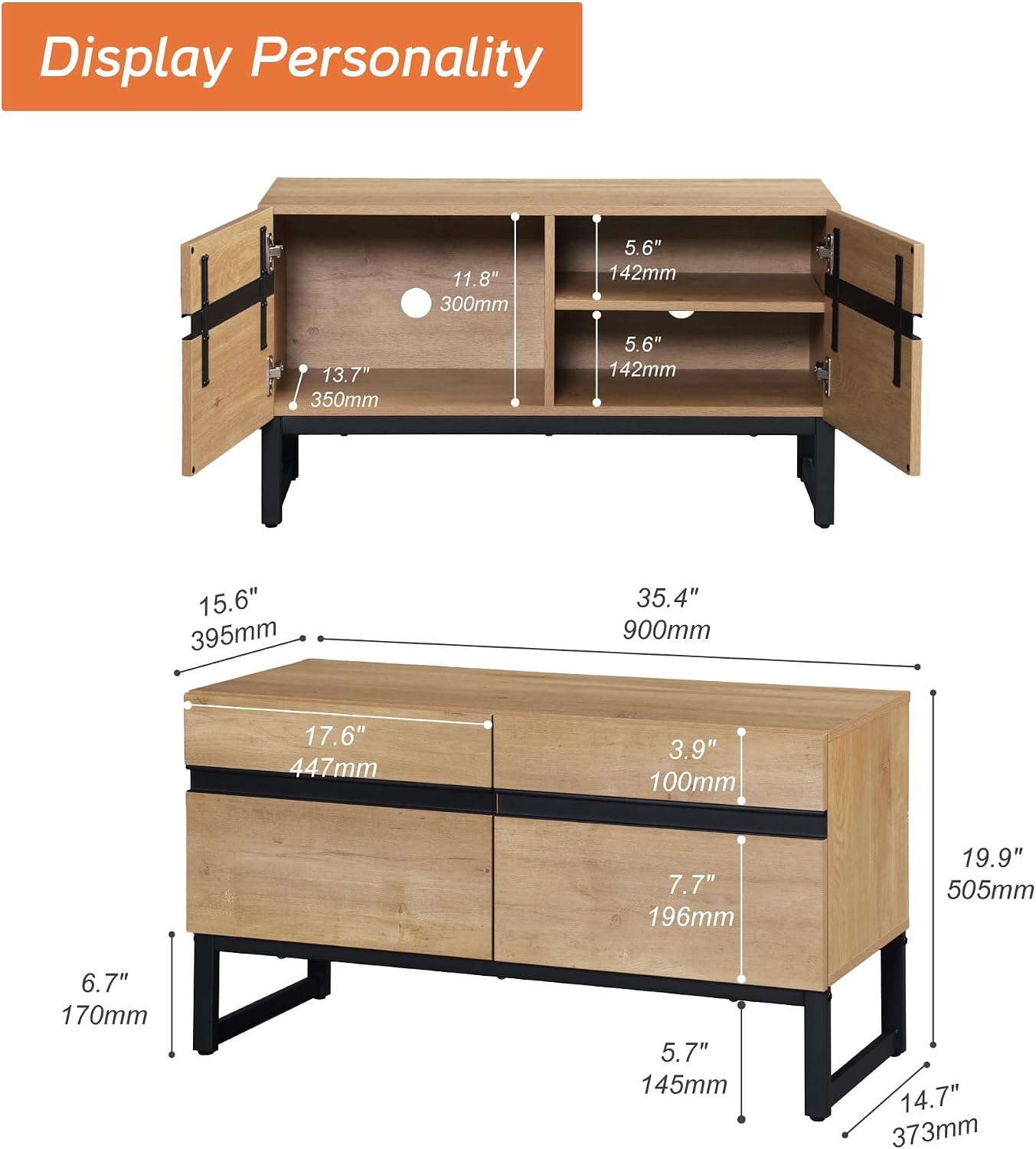 WAMPAT Modern TV Stand for 26-40 Inch TVs, Wood Entertainment Center with Metal Base Storage Cabinets, Media TV Console for Living Room, Oak, 1Pcs
