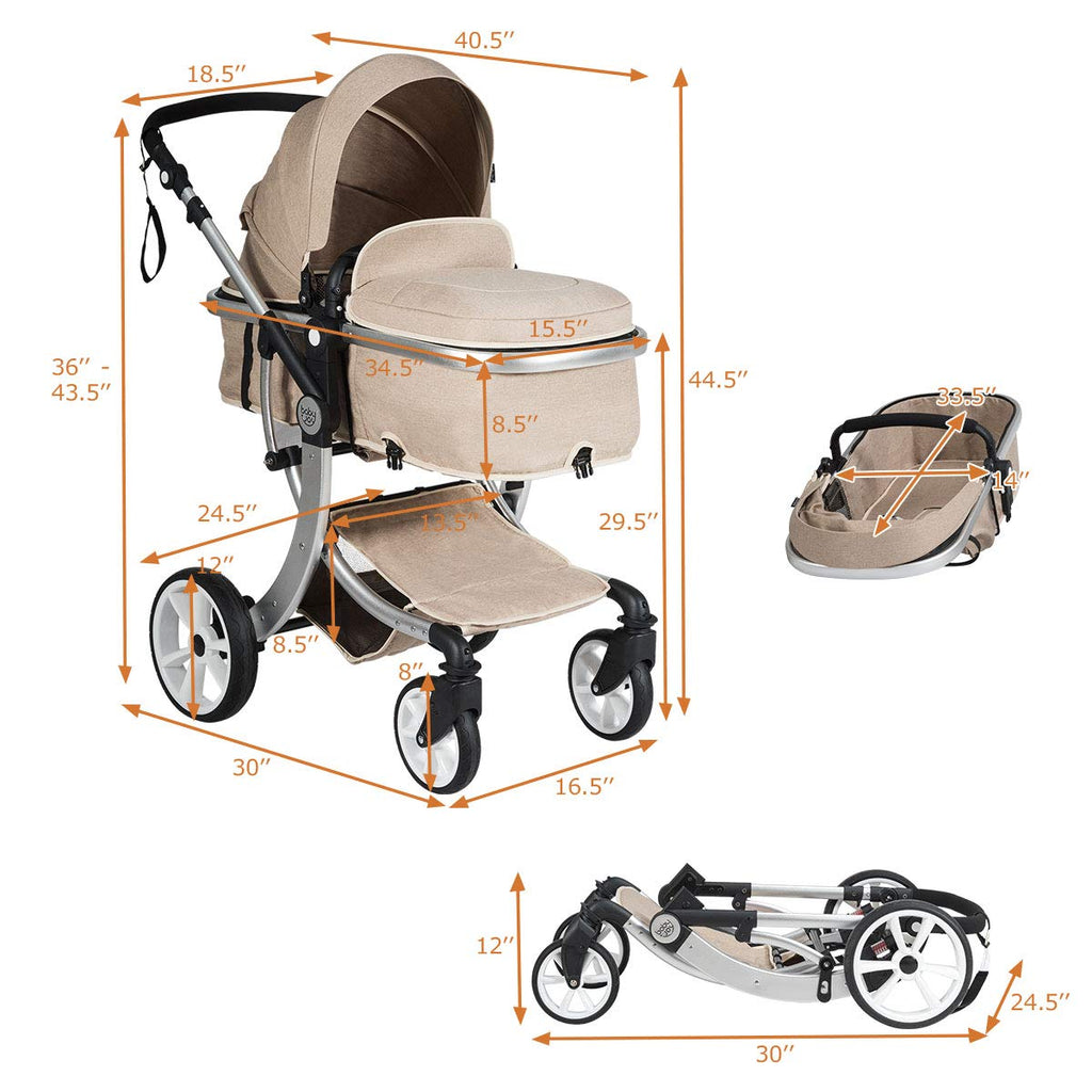 HONEY JOY Baby Stroller, High Landscape Convertible Infant Bassinet, Adjustable Canopy & Backrest, Storage Basket, Foot Cover, Foldable Newborn Carriage Pram (Beige)
