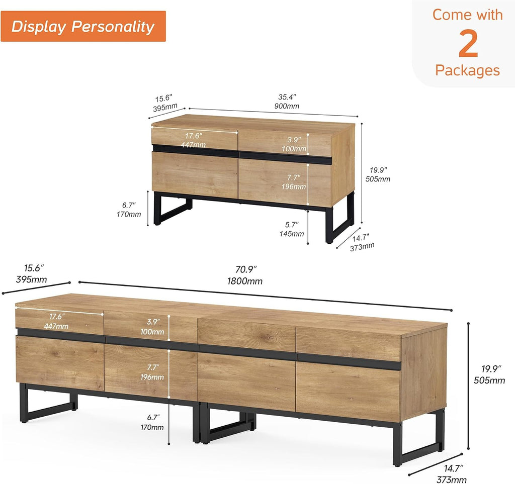 WAMPAT Modern TV Stand for 50-75 Inch TVs, Wood Entertainment Center with Metal Base Storage Cabinets, Media TV Console for Living Room, Oak, 2Pcs