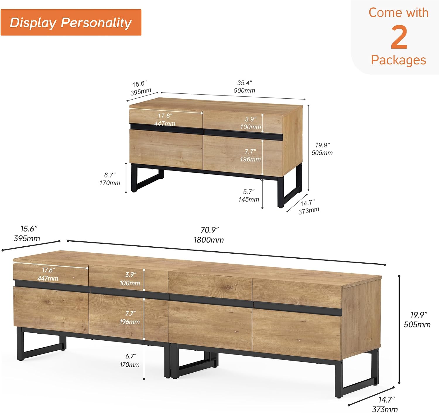WAMPAT Modern TV Stand for 50-75 Inch TVs, Wood Entertainment Center with Metal Base Storage Cabinets, Media TV Console for Living Room, Oak, 2Pcs