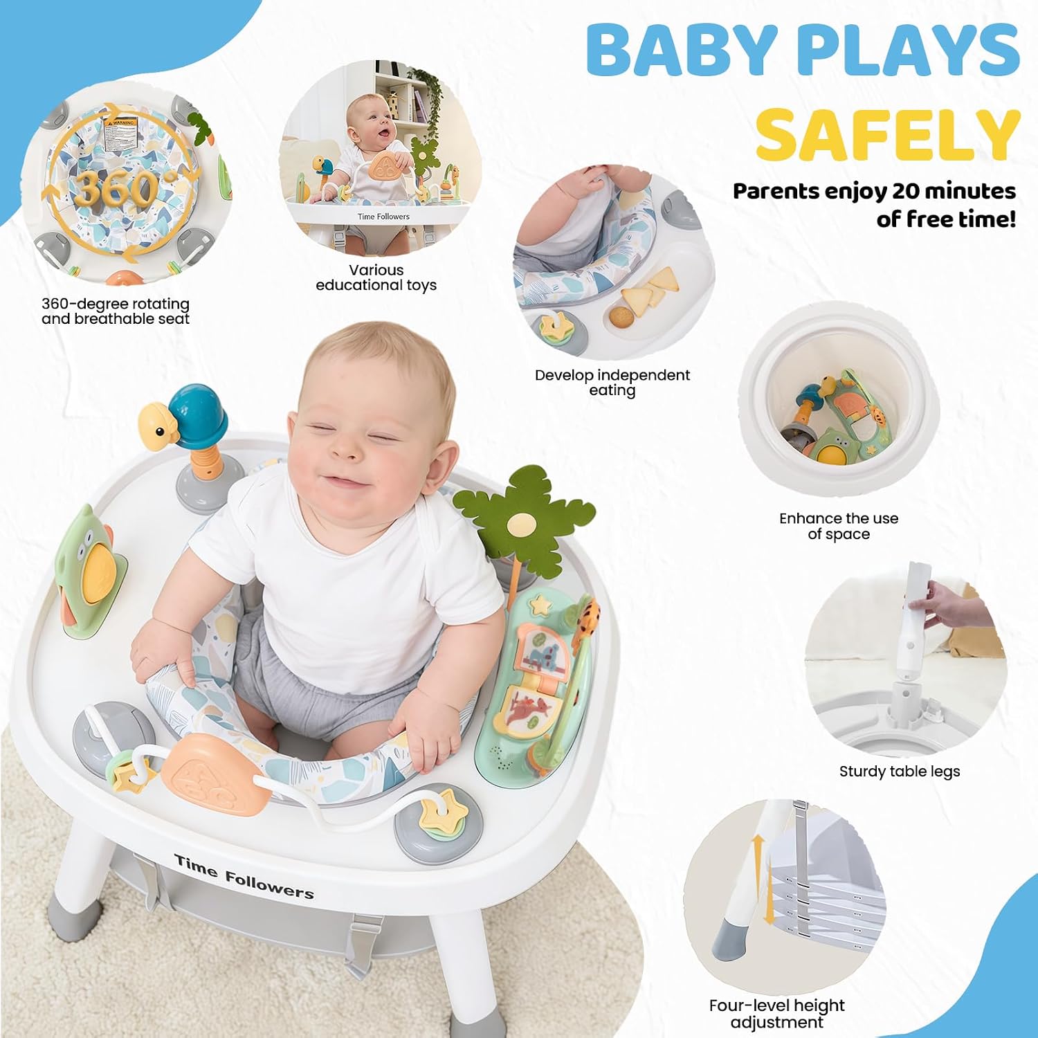 Time Followers® 6-in-1 Baby Activity Center | 4 Stage Montessori-Inspired Toys | Grow Stationary Standing Toddler Table | Jumpers & Bouncers | Must Have for Boy & Girl 6, 12, 24+ Month Old (White)