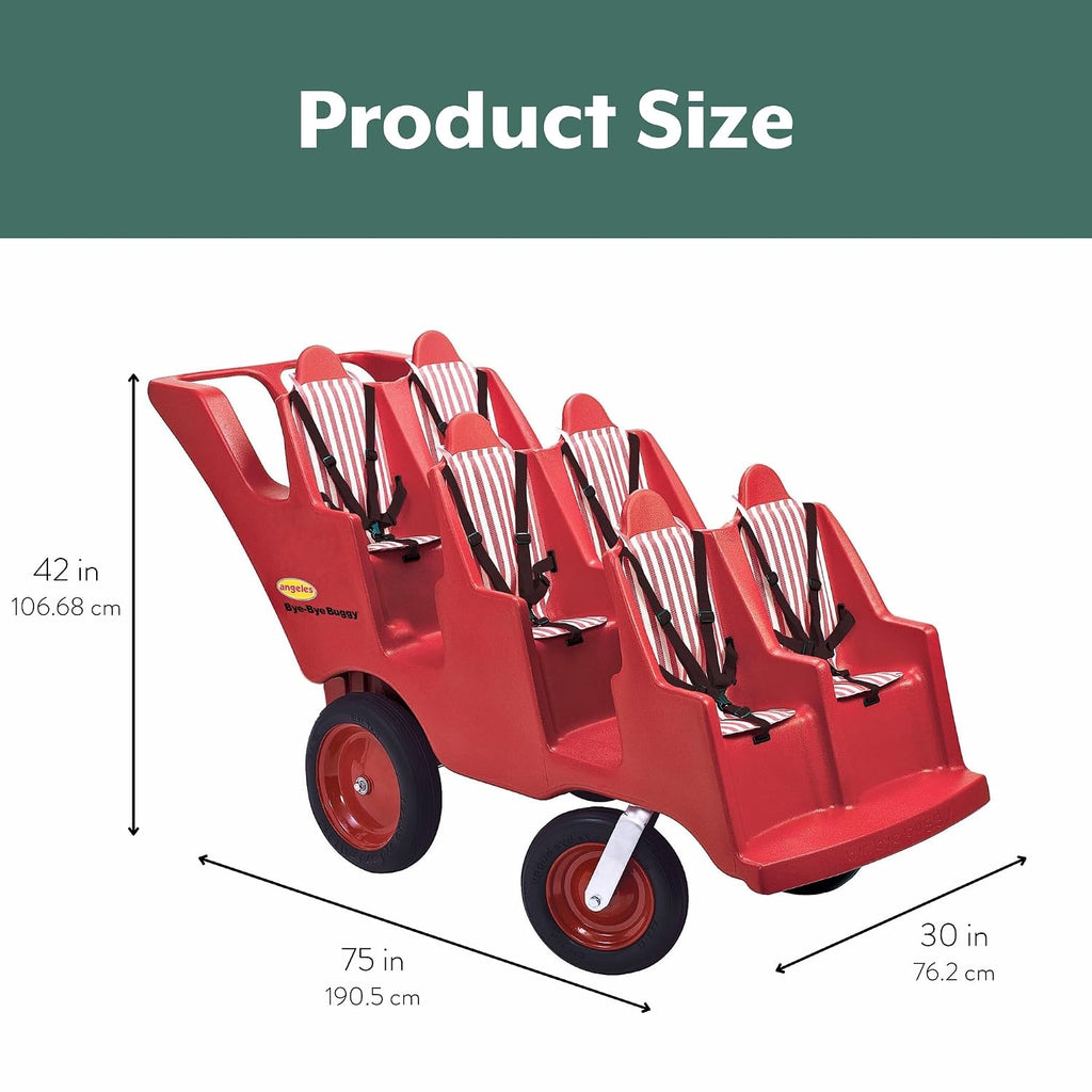 Angeles Bye Bye Buggy 6 Passenger Stroller, Sturdy Daycare Stroller with Fat Tires, Easy-to-Fasten Safety Buckles, Parking Brake, & 360 Pivoting Wheels, Red with Stripe Cushions