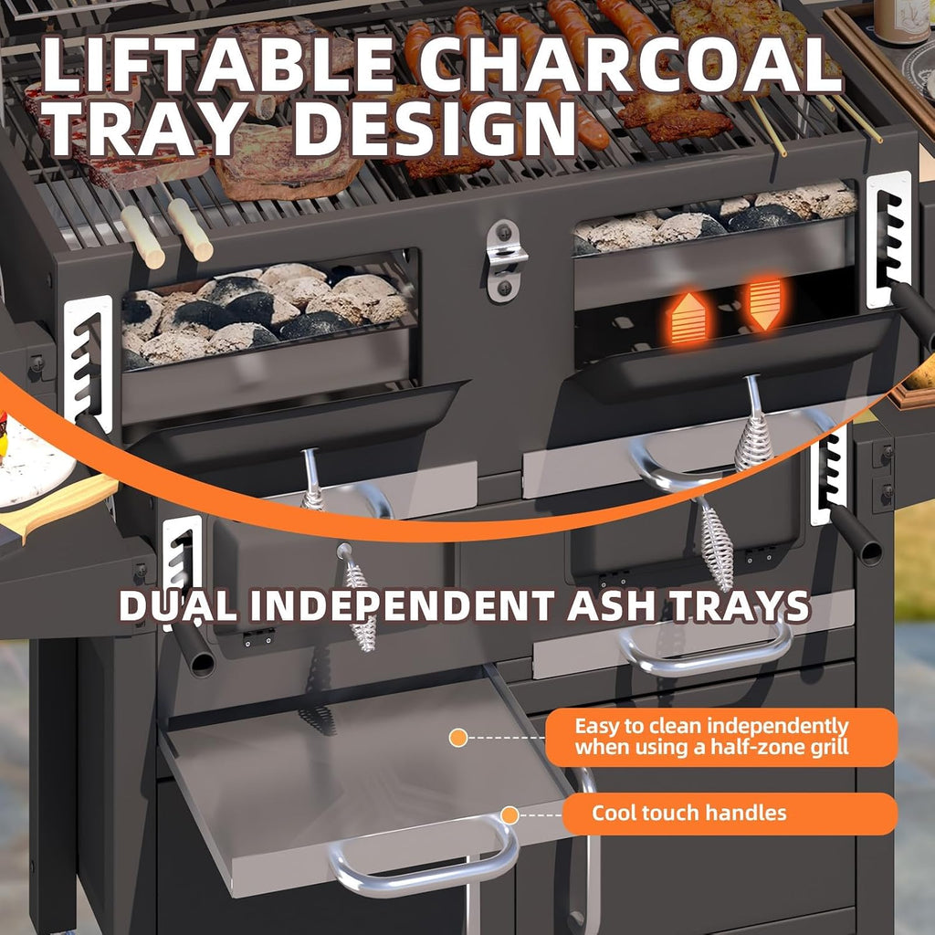 MELLCOM 36 In Large Charcoal Grills - 620 Sq.In Oversized BBQ Area with Storage Cabinet & Individual Lifting Charcoal Trays, Foldable Side Tables and Thermometer for Outdoor, Patio, Balcony