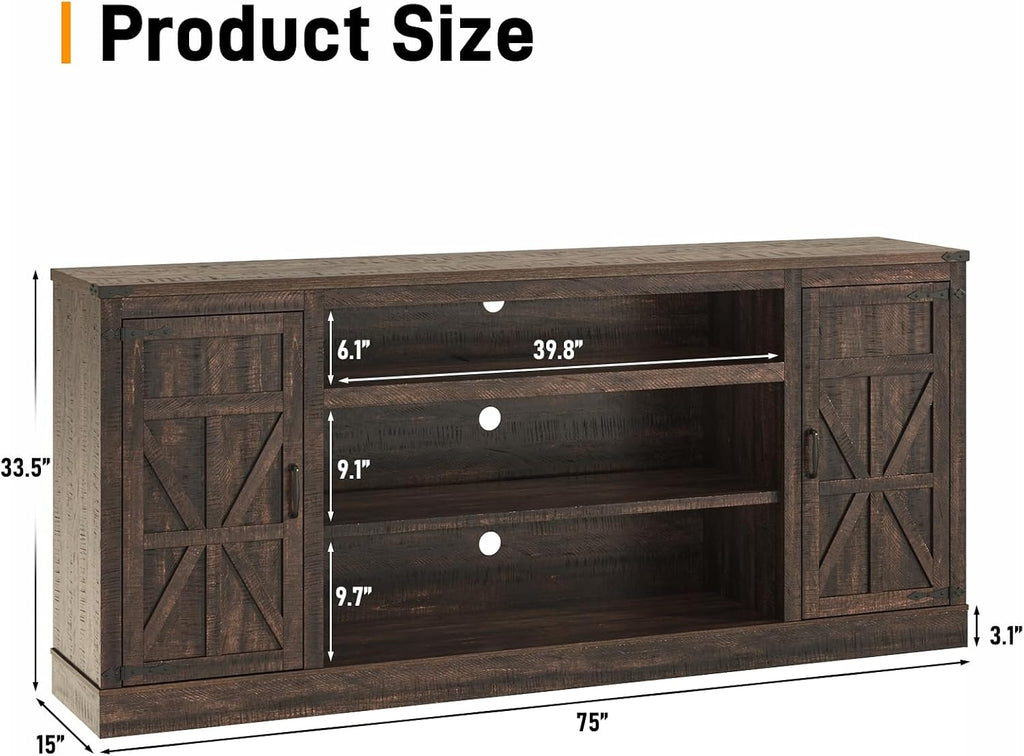 Hlivelood 75' Farmhouse TV Stand with Power Outlets for 85 Inch TVs, 33' Tall Entertainment Center with Storage Cabinets w/Adjustable Shelves, Rustic Large TV Media Console, Brown