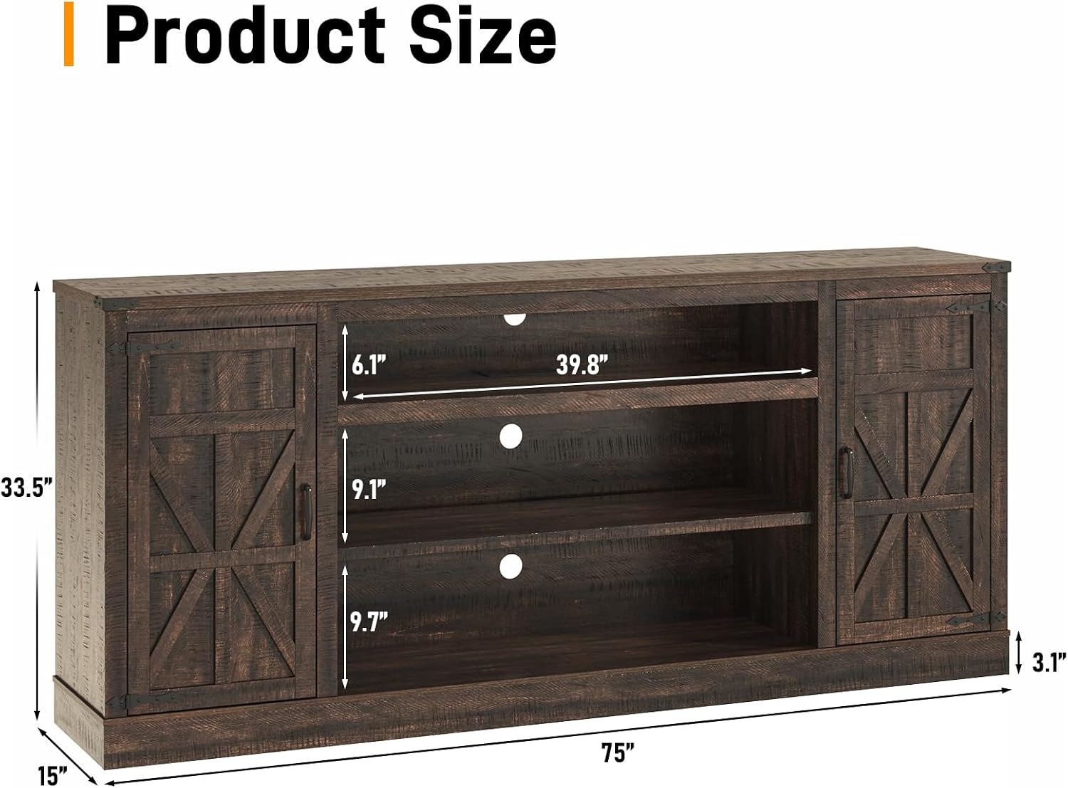 Hlivelood 75' Farmhouse TV Stand with Power Outlets for 85 Inch TVs, 33' Tall Entertainment Center with Storage Cabinets w/Adjustable Shelves, Rustic Large TV Media Console, Brown