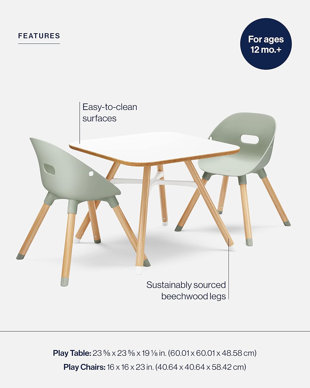 Lalo The Play Kit, Kids Table and Chairs Set with Sustainably Sourced Wood Kids Table & Set of 2 Non-Toxic Bucket Seat Chairs - Safe and Comfortable - Coconut/Sage