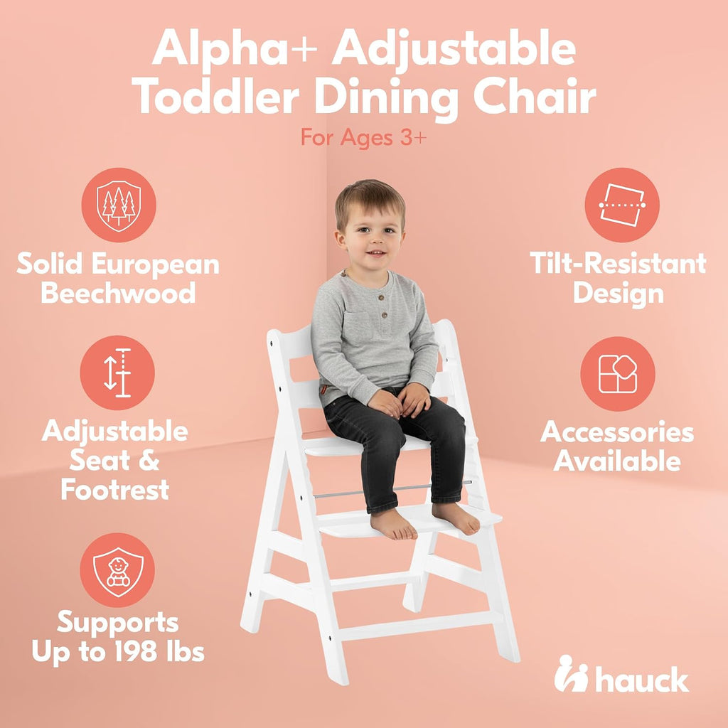hauck Alpha+ Grow Along Seat Solid Beechwood Booster Chair with Adjustable Seat, 5 Point Safety Harness, & Bumper Bar for Infants & Toddlers, White