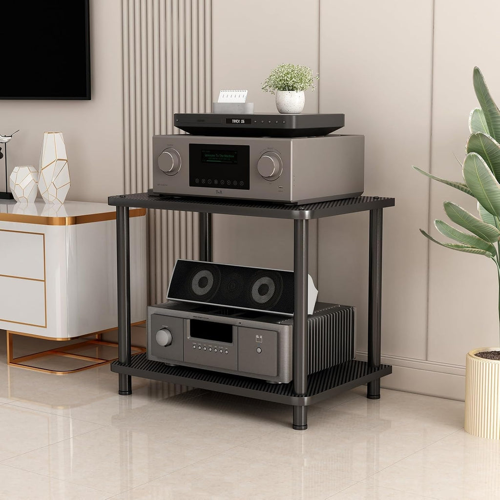 Floor-Standing 2 Tier AV Media Stand, Audio Rack Tower, TV Game Console Equipment Shelf, CD Record Player Stereo Component Rack Cabinet for Home Theater Studio(Carbon Fiber,60x40x52.5cm)