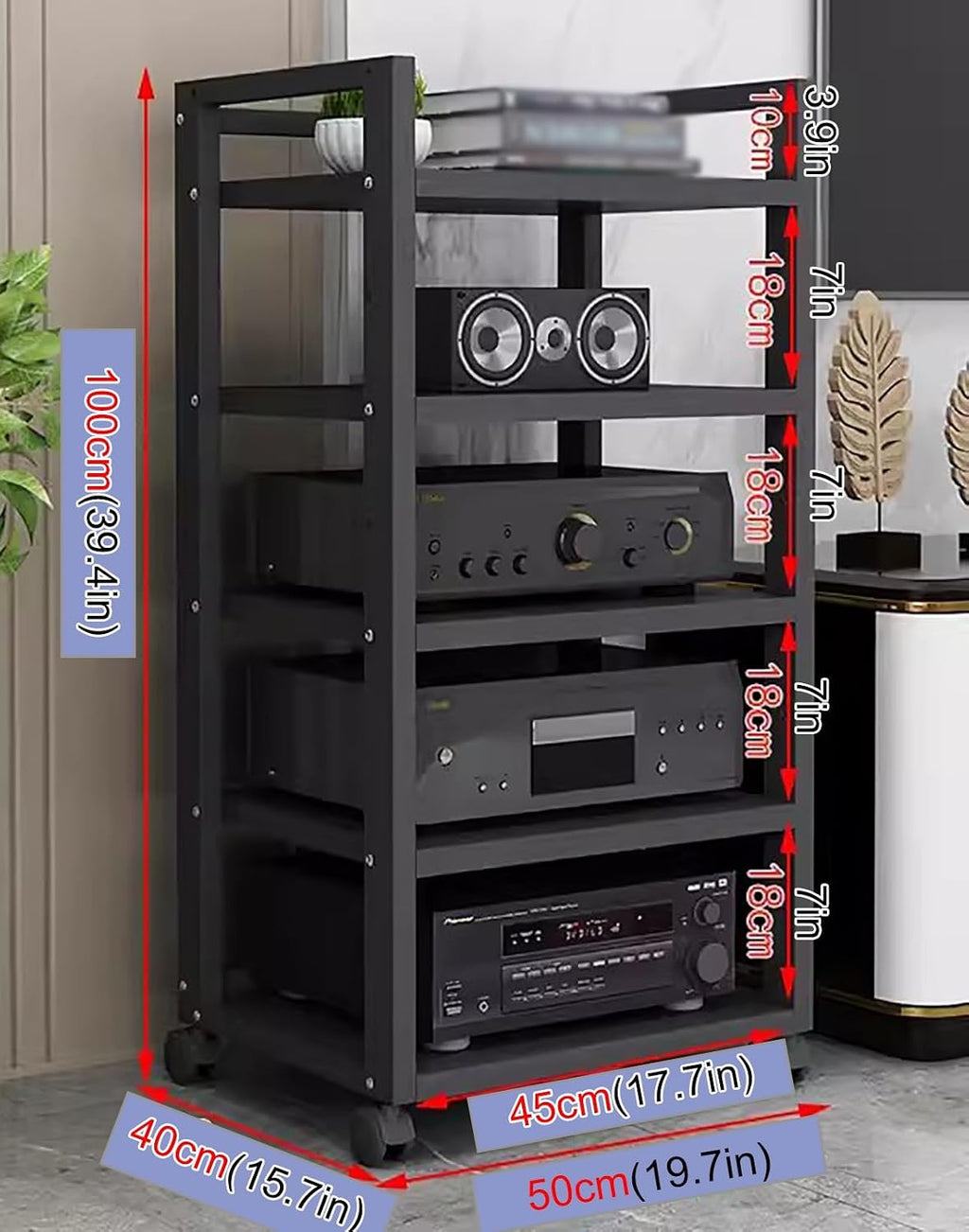 Living Room/Home Audio Video Equipment Rack Stereo Cabinet Stand, Floorsatnding Heavy Duty Media Component Stand Holder with Heightadjustable Shelf & Wheels,Black#3,5 Tier