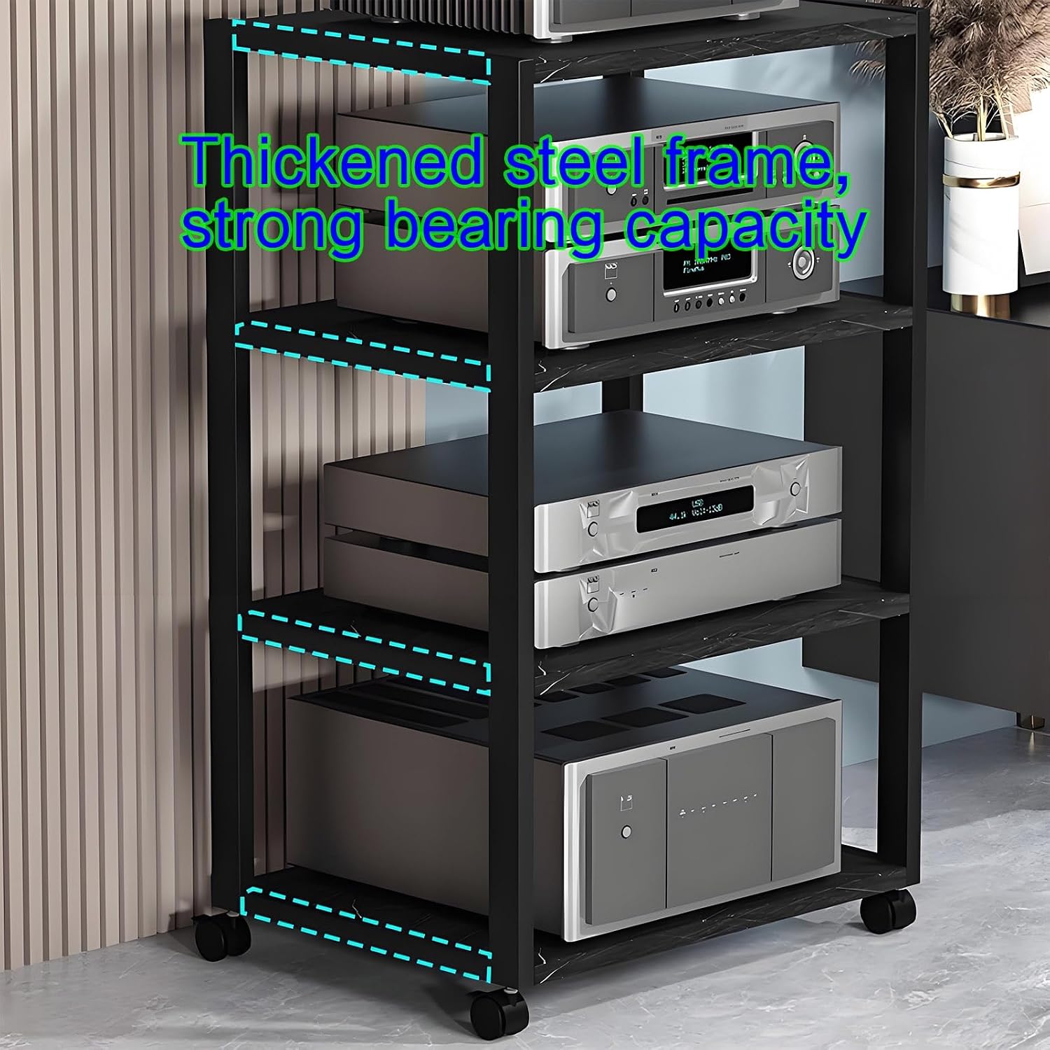 360° Rotating Audio Video Media Stand - Modern Stereo Rack Cabinet, Movable Storage Tower for Home Entertainment, Stylish White Finish, Perfect for Organizing Audio Equipment