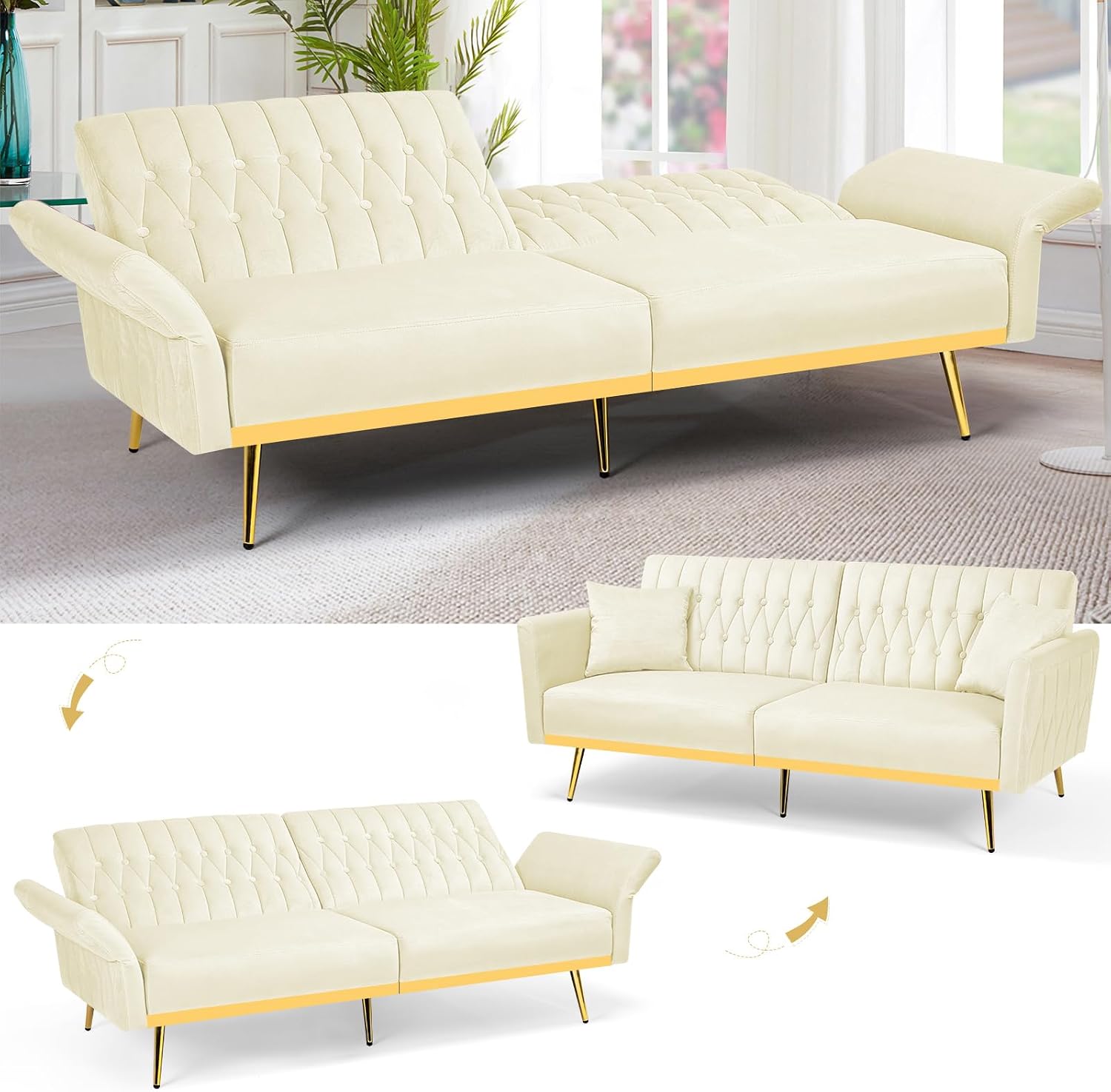 70' Velvet Futon Sofa Bed with 2 Pillows and Adjustable Armrests, Convertible Sleeper Bed W/Adjustable Backrests, Modern Loveseat for Living Room, Bedroom, Beige