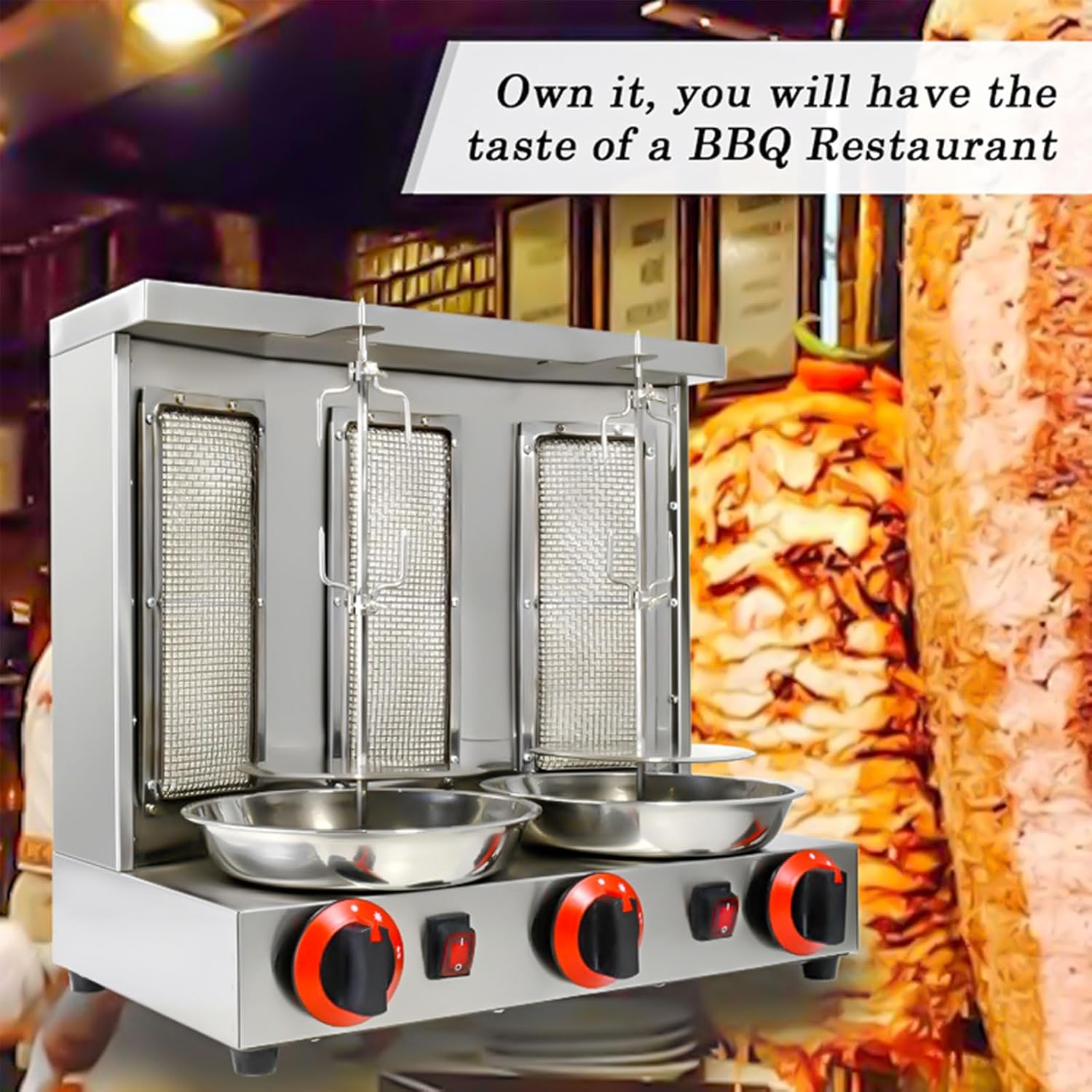 Shawarma Machine 3 Burners Kebab Grill Vertical Rotisserie with 2 Auto Spinning spits for Meat Rotisserie, Chicken Roast, Silver