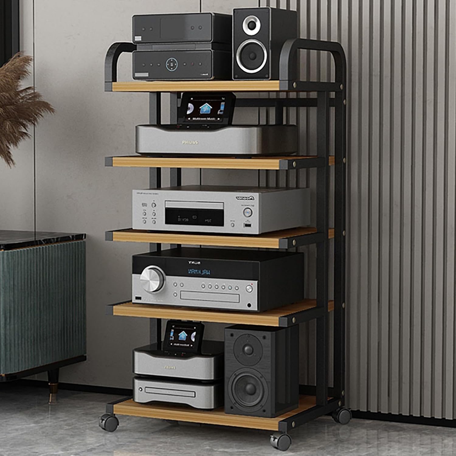 5-Tier Audio Rack with Wheels, Multimedia Storage Stand for HiFi Components, Carbon Steel Stereo Shelf for Living Room & Bedroom, 106CM Height, 3/4/5 Level Options