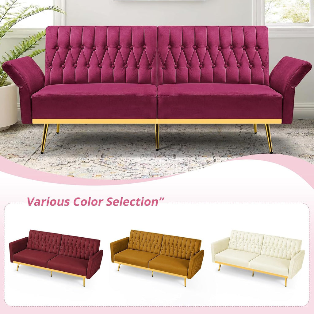 70' Velvet Futon Sofa Bed with 2 Pillows and Adjustable Armrests, Convertible Sleeper Bed W/Adjustable Backrests, Modern Loveseat for Living Room, Bedroom, Fuchsia