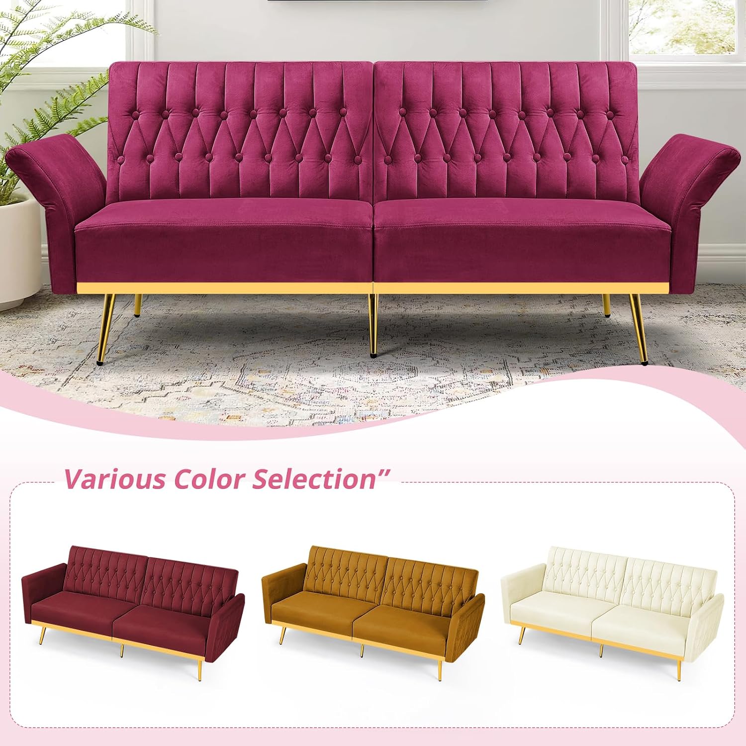 70' Velvet Futon Sofa Bed with 2 Pillows and Adjustable Armrests, Convertible Sleeper Bed W/Adjustable Backrests, Modern Loveseat for Living Room, Bedroom, Fuchsia