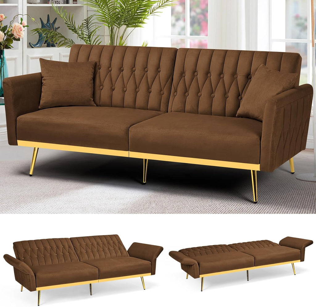 70' Velvet Futon Sofa Bed with 2 Pillows and Adjustable Armrests, Convertible Sleeper Bed W/Adjustable Backrests, Modern Loveseat for Living Room, Bedroom, Brown