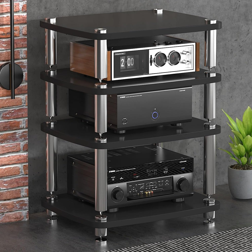 4-Tier Media Stand with Stainless Steel Legs, Open Storage Cabinet for TV & Audio Equipment, Shock-Absorbing Feet, Modern Entertainment Unit, Black, 60x48x76cm