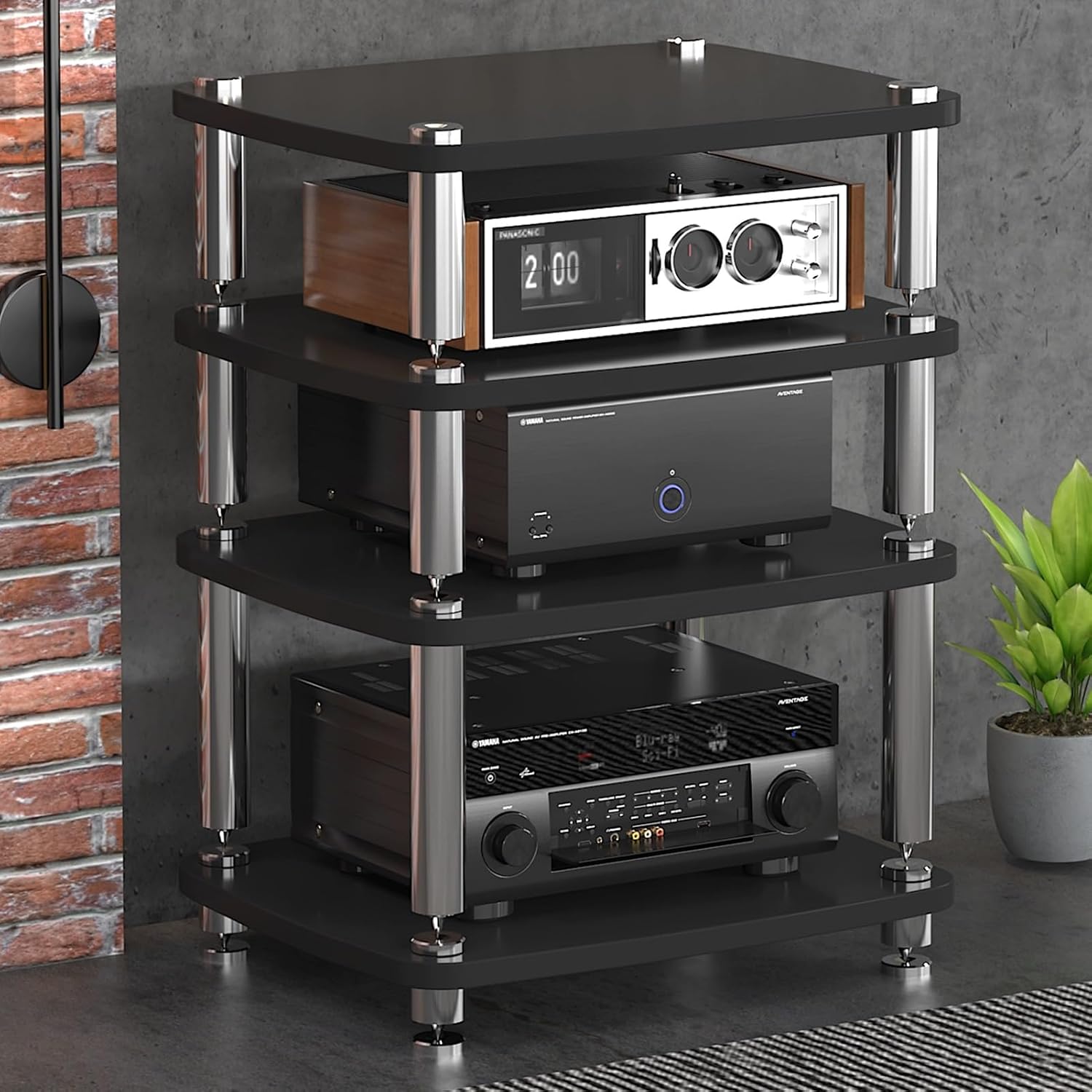 1/2/3/4 Tier Media Stand, Audio Rack with Stainless Steel Legs, Open Media Storage Cabinet, TV Stand with Shock-Absorbing Feet, Audio Entertainment Unit(Black,4 Tier 60x48x76cm)