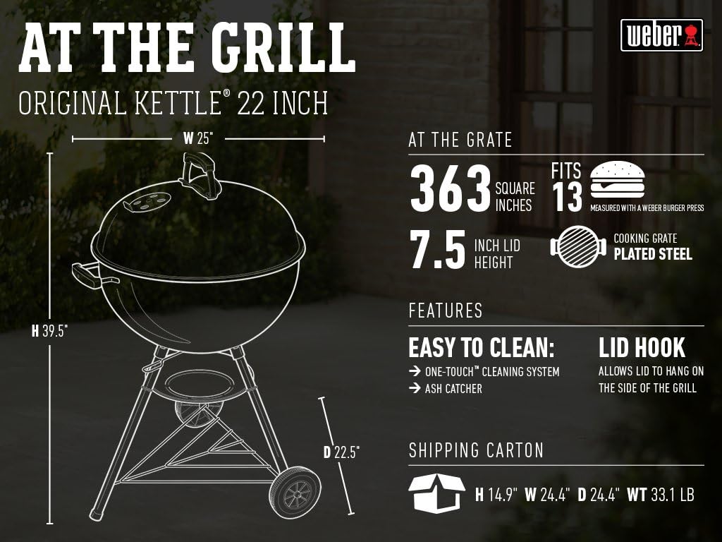 Weber Original Kettle Charcoal Grill, 22-Inch, Black – Classic Outdoor BBQ Grill with One‑Touch™ Cleaning System & Precise Temperature Control Dampers