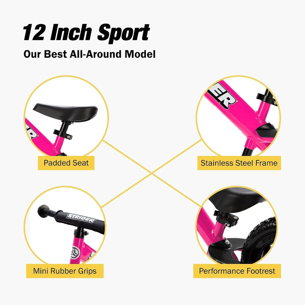 Strider 12' Sport Bike - No Pedal Balance Bicycle for Kids 1 to 4 Years - Includes Safety Pad, Padded Seat, Mini Grips & Flat-Free Tires - Tool-Free Assembly & Adjustments