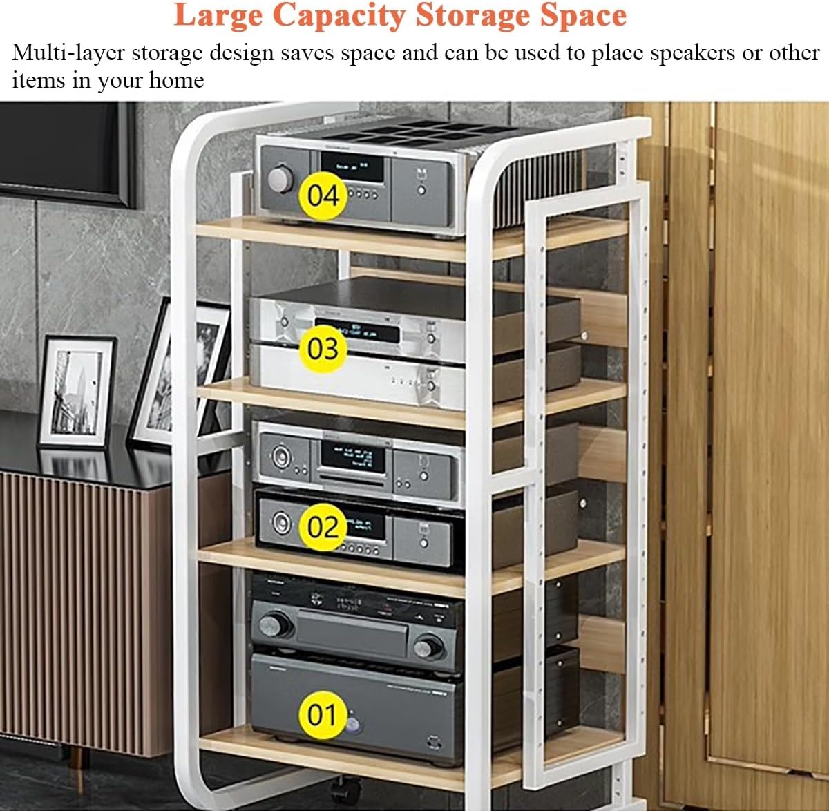 Living Room Media Storage Cabinet, Audio Video Equipment Rack Stereo Component Stand Furniture Shelf, CD DVD Record Player Game Consoles Receiver Speaker Amplifier Gaming Device(Black-110x26.8x50CM)