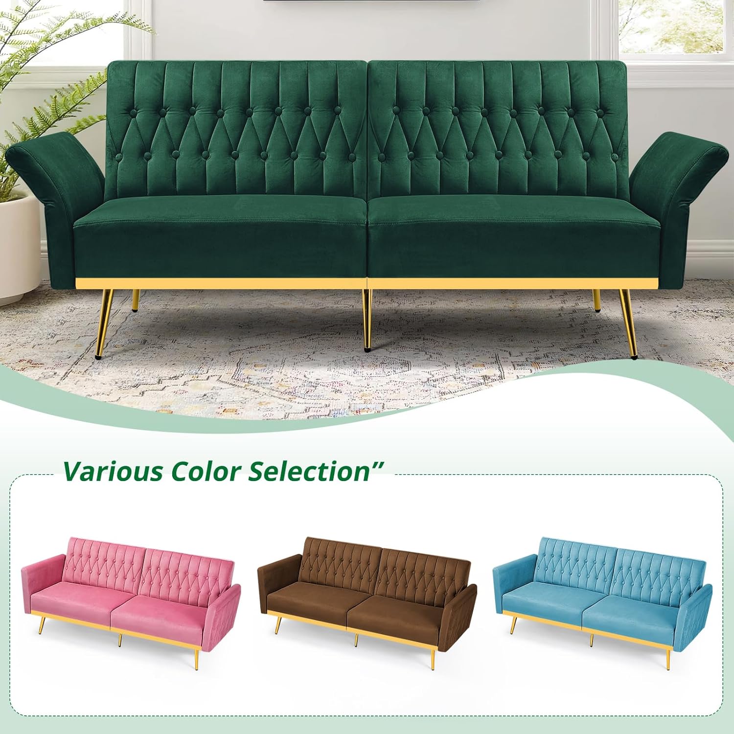 70' Velvet Futon Sofa Bed w/Adjustable Backrests and Armrests, Convertible Futon Couch with 2 Pillows, Modern Tufted Sleeper Bed for Living Room, Bedroom,Green