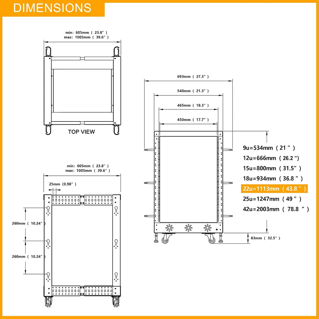 RIVECO 22U 19' Adjustable Depth Server Rack Support Up to 1700LBS Floor Standing 4 Post Rack with L Rails & Load-Bearing Casters Universal for Network Equipment Black