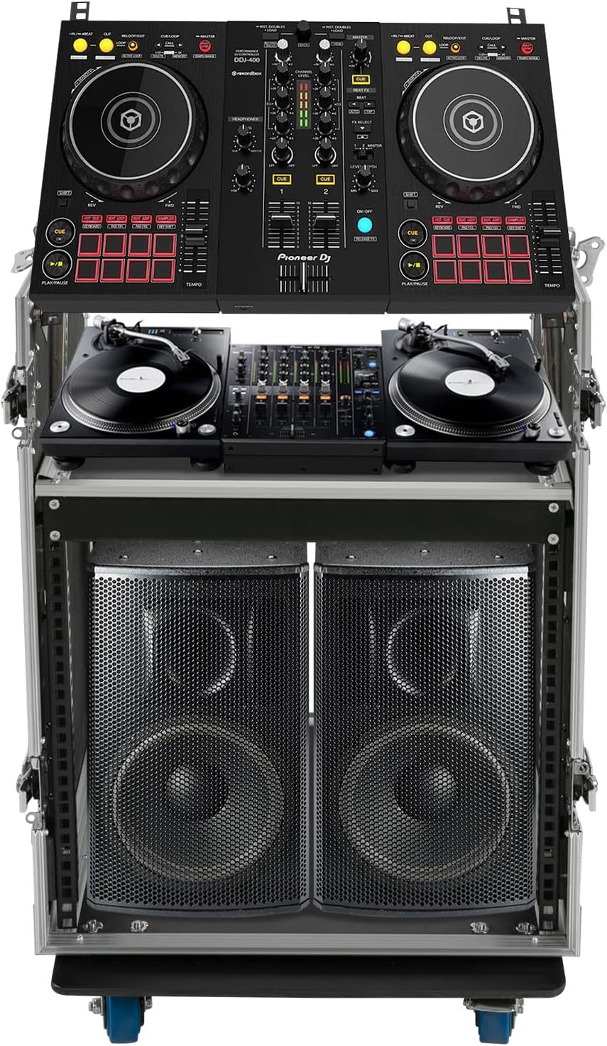DYNAMI 10U PA DJ Rack with Wheels,2 Tier Pro DJ Mixer Stand Audio Rack Heavy Duty Road ATA Case, for Music Studio Booth Pro Audio Recording Cabinet Stage Equipment (10U PA DJ Rack)