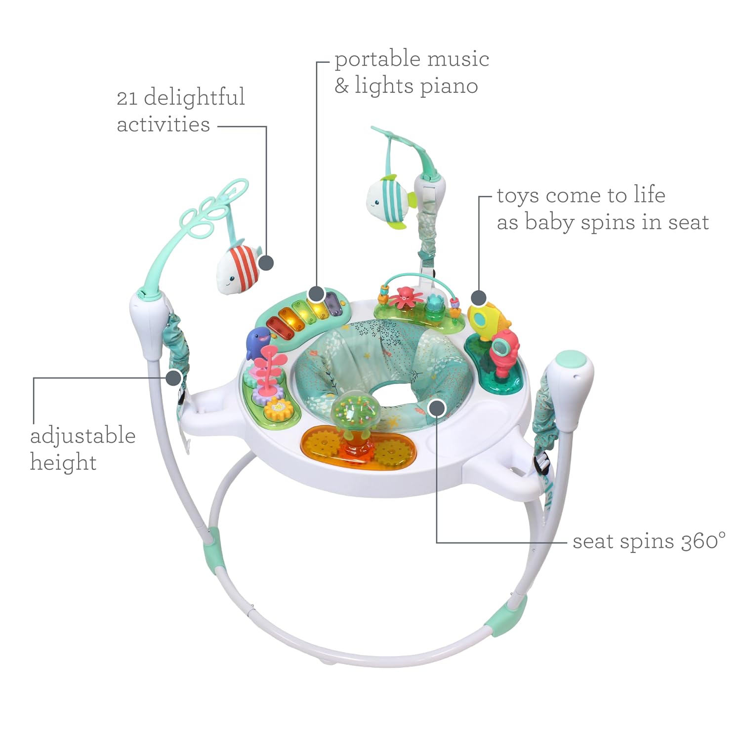 Infantino Magic Motion Activity Jumper, Under the Sea Baby Jumper with 360° Seat, Removable Piano, Lights & Music, Adjustable Height Activity Center, Motor Skills and Sensory Play, Ages 4+ Months