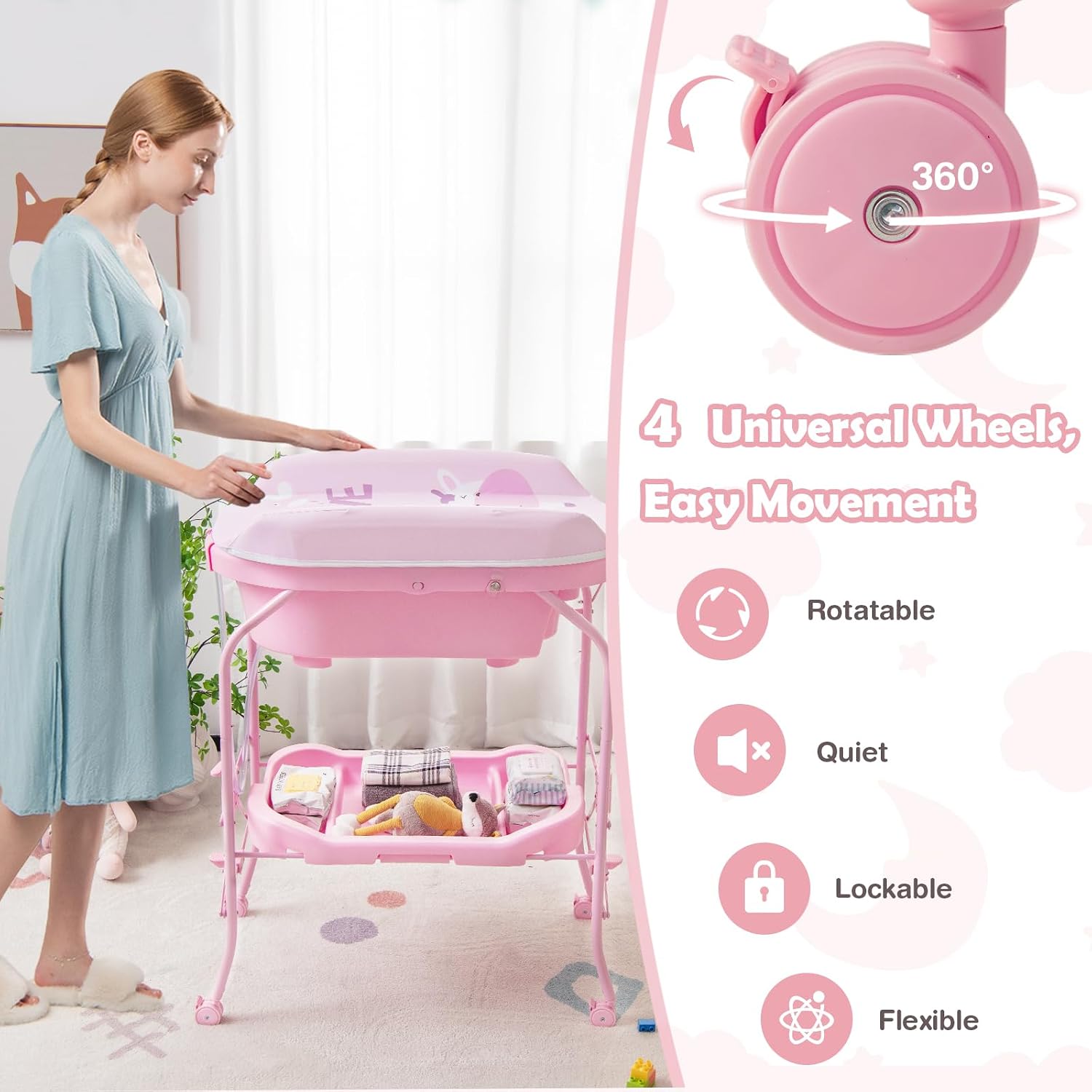 HONEY JOY 2-in-1 Baby Bathtub & Changing Table, Foldable Infant Diaper Changing Station with Wheels, Storage Tray, Waterproof Pad, Portable Newborn Nursery Organizer Bath Stand for Boys Girls (Pink)