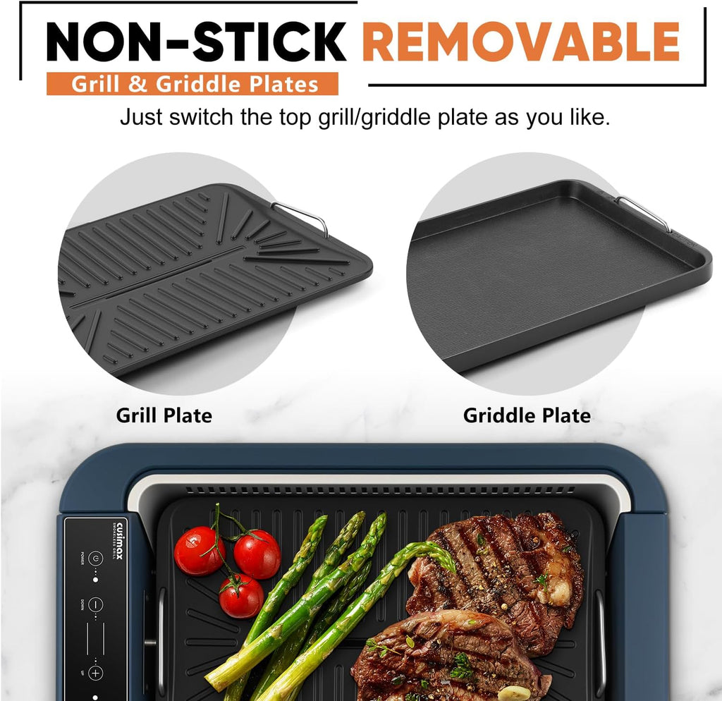 Electric Grill, CUSIMAX Smokeless Indoor Grill & Griddle, Electric Korean BBQ Grill with Turbo Smoke Extractor & REPLACEABLE Filter Sponge, Smart LED Display, Larger Grilling Area, 1500W(New Model)
