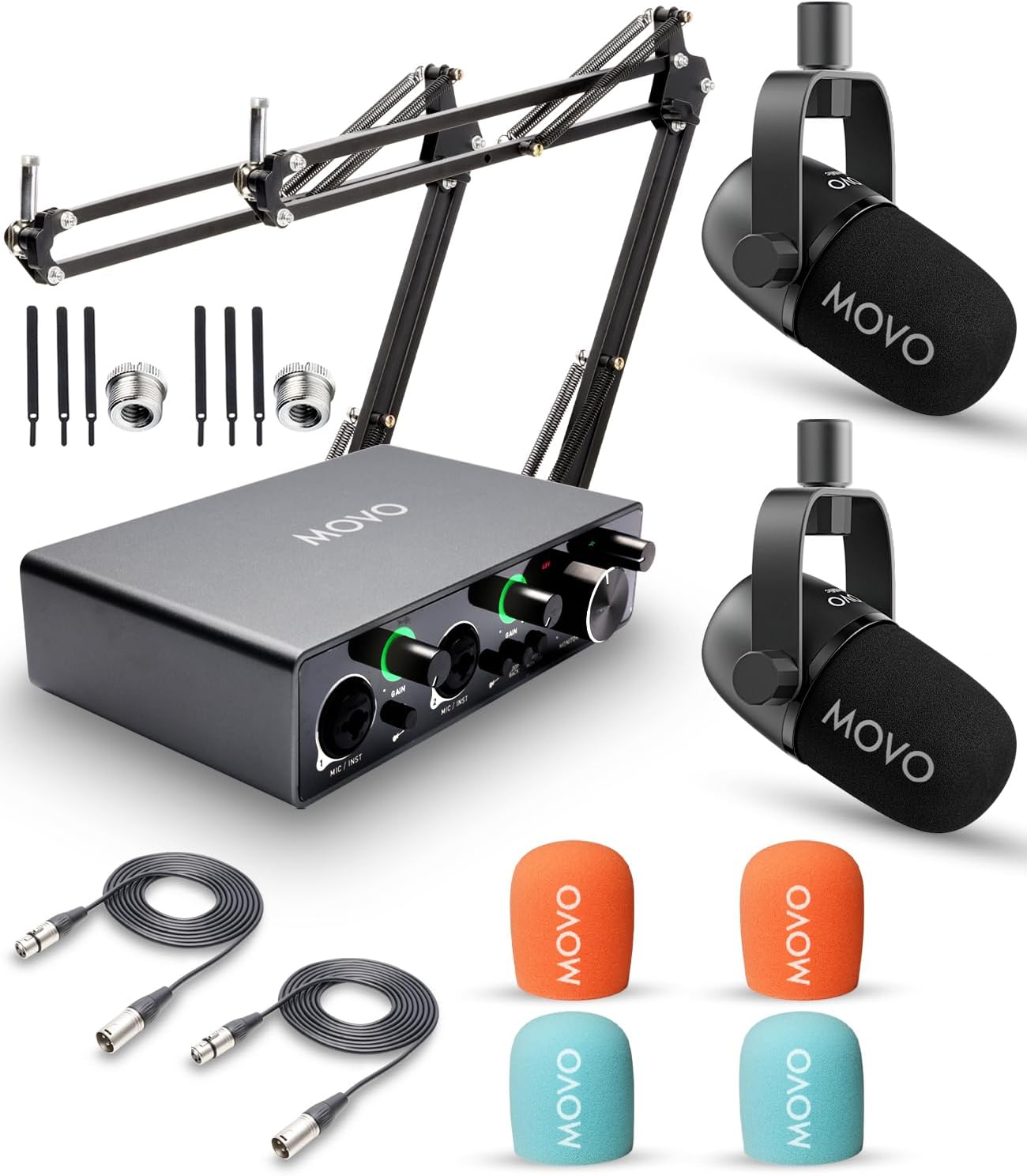 Movo Podcast Equipment Bundle for 2 with USB Audio Interface and 2 CastMic Dynamic Podcast Microphone Bundle with Mic Boom Arms for Podcasting, Streaming, and Musicians - Podcast Kit for Computers