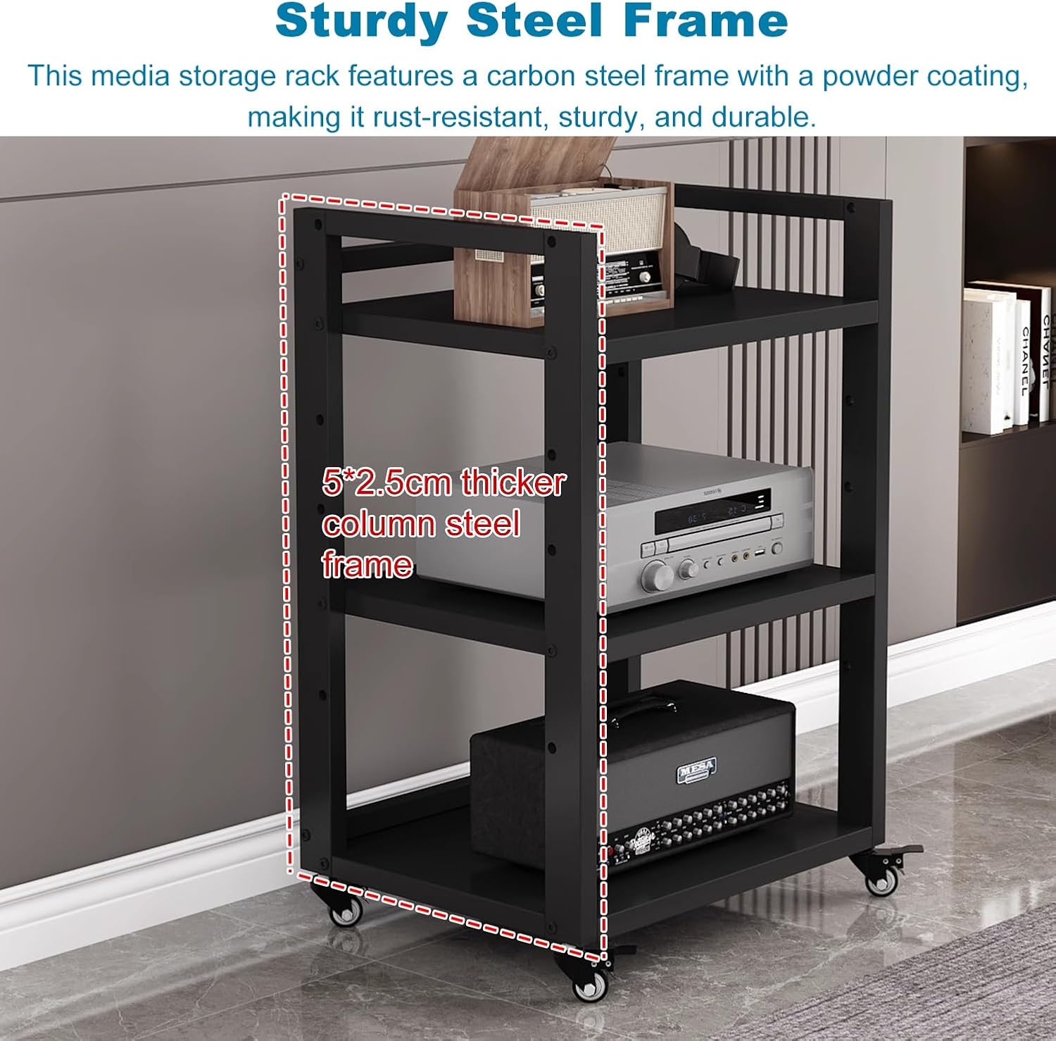 6 Tier Audio Rack Tower, Heavy-Duty AV Media Stand, Adjustable Shelves, Media Storage Cabinet for Amplifier, Record Players, Audio-Visual Equipment(Teak)