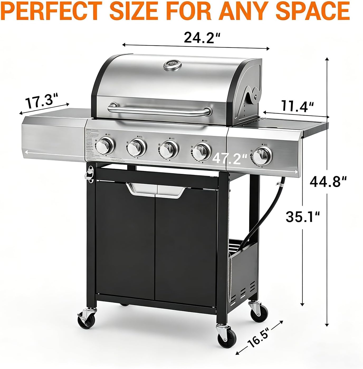 EUHOME Upgraded 51,000 BTU 4-Burner Propane Gas Grill with Side Burner – Large 452 sq.in Porcelain-Enameled Cast Iron Grates, Stainless Steel Body, 4 Swivel Casters for Backyard Patio & Tailgating