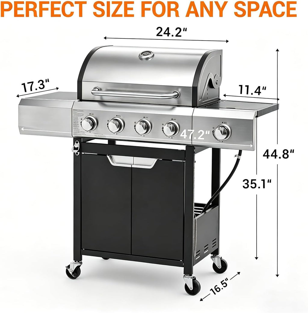 EUHOME 51,000 BTU 4-Burner Propane Gas Grill with Side Burner – Large 452 sq.in Stainless Steel BBQ Grill, Enameled Cast Iron Grates, 4 Swivel Casters & Protective Cover for Backyard Patio Family
