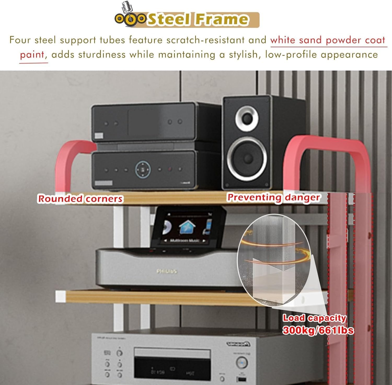 Heavy Duty Wooden Av Media Stand/Hi-fi Rack AudioTower W/Wheels, 5 Tier Audio Rack, for Vocals/Record Player/Stereo Receiver, Electronics Equipment Shelf