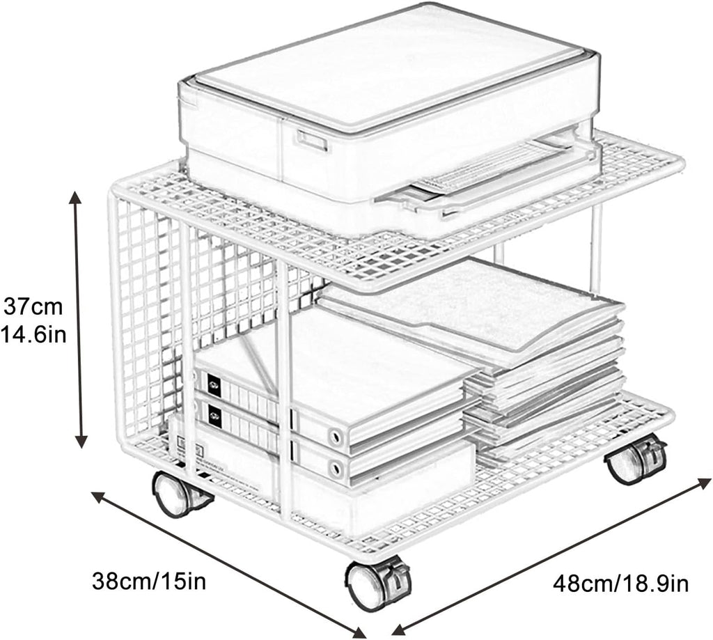 2-Tier Printer Stand Printer Cart, Under Desk Printer Shelf, Metal Printer Table with 360° Lockable Wheels, Storage Rack for 3D & Laser Printer, Scanner, Heat Press(White,48x38x37cm)