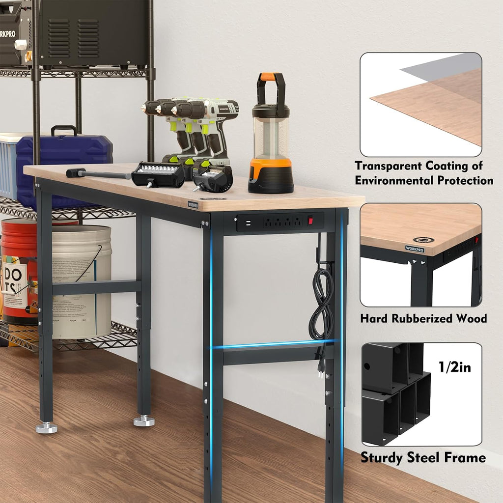 WORKPRO 72' Adjustable Workbench, 3000 LBS Load Capacity Hardwood Garage Workbench with Power Outlets, Rubberwood Top Heavy-Duty Workstation for Workshop, Garage, Home