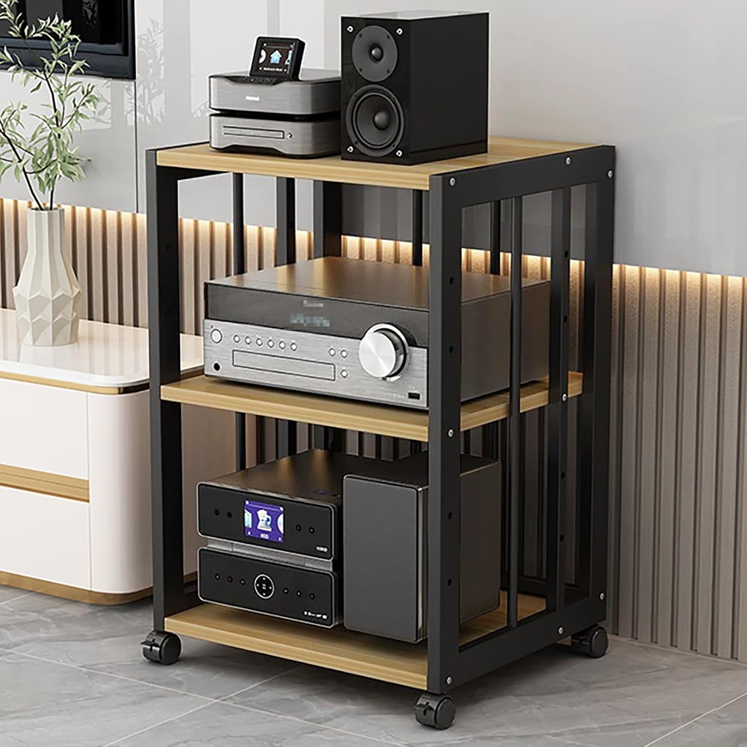 AV Component Media Stand - Adjustable Media Storage Cabinet with 3 Tiers, Movable Audio Rack, Sturdy Steel Frame, 200 Kg Load Capacity, Black & Natural Finish, 50x40x69cm